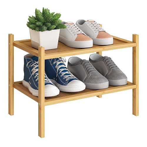 BMOSU 2-Tier Bamboo Small Shoe Rack Premium Stackable Shoe Shelf Storage Organizer for Hallway Closet Living Room Entryway Organizer(Natural) - Image 1