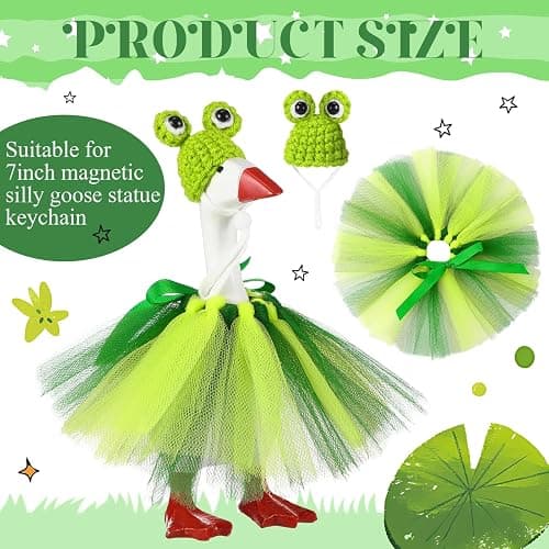 Sunnymove 7 Inch Mini Desk Goose Outfits with Frog shape Knitting Hat green Tutu Dress Mini Desk Goose Customs for Magnetic Statue Key Holder Decor thumbnail 3