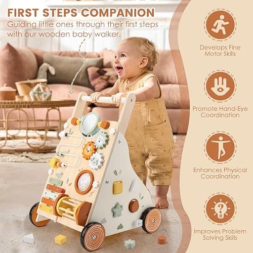 Wooden Baby Walker, Baby Push Walker with Activity Center for Girls Boys, Push Walker Toys for Babies Learning to Walk, Sit-to-Stand, for 10-12 Months 1 2 3 Years Old thumbnail 4