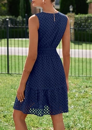 PRETTYGARDEN Women's Summer Eyelet A Line Short Dresses | Sleeveless Sun Dresses, V Neck, Hollow Out, Lightweight Flowy Swing, Fit & Flare, Beach Vacation Outfits, Boho Party Dress thumbnail 6