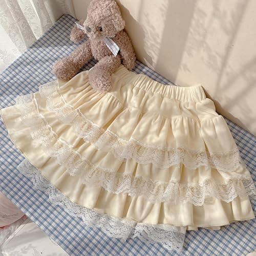 Lolita flauschiger Rock mit Shorts, für Teenager, Mädchen, Mini-Kawaii-Spitze, gestufte Rüschen, hohe Taille, flauschiger Faltenrock thumbnail 3