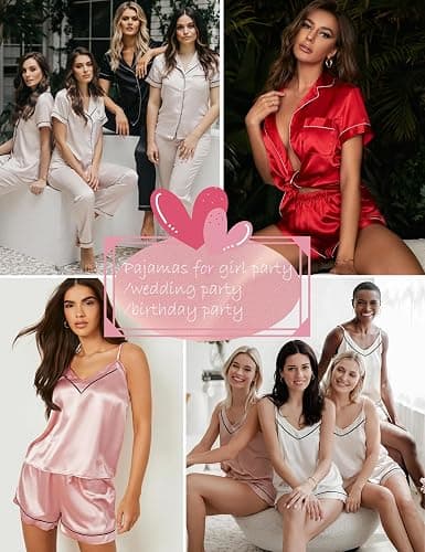 SWOMOG Womens 4pcs Pajamas Sets Short Sleeve Camisole with Button Down Shirt Pjs Silk Satin Sleepwear Loungewear thumbnail 5