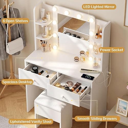 FUXA Makeup Vanity Desk with LED Mirror and Charging Station, Vanity Table Set with Storage Drawers, Shelves and Chair, Dressing Table with 3 Lighting Modes for Bedroom, White thumbnail 3