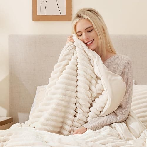 EXQ Home Fluffy Comforter Set Twin Size - Super Soft Faux Fur Stripe Jacquard Comforter 2 Pieces, Cream White Fleece Bedding Set,Winter Warm Bed Set,1 Comforter with 1 Pillowcase thumbnail 4