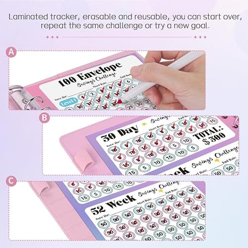 Sooez 100 Envelopes Money Saving Challenge, Savings Challenges Book with Envelopes, Flexible Saving $5050, $2600, $300, Savings Binder with 100 Pocket Pre-Number & Reusable Laminated Tracker thumbnail 4