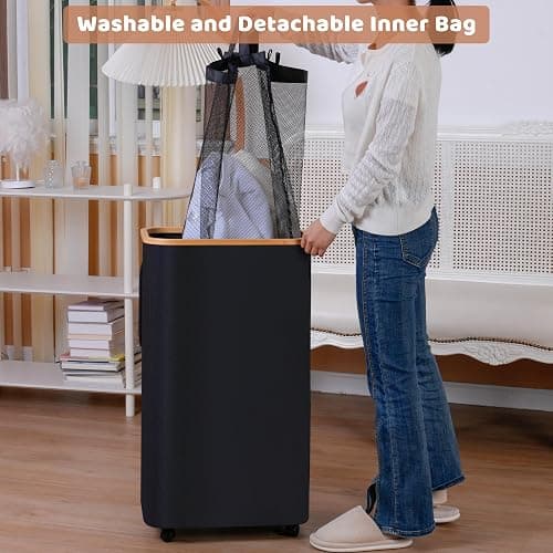 iEGrow 110L Laundry Basket with Wheels,Clothes Hamper for Laundry,Laundry Hamper with Lid and Inner Bag, for Laundry Room, Bedroom, Dormitory Storage,Black thumbnail 3