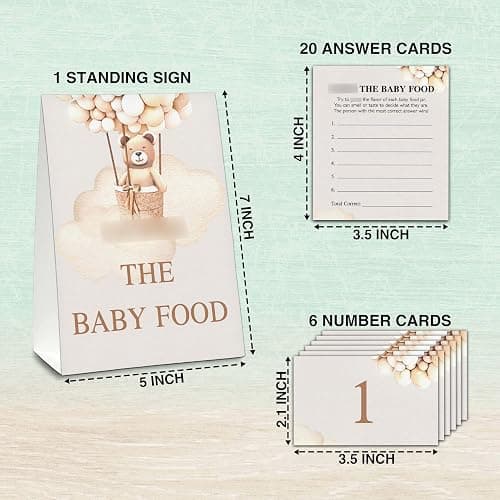 Guess the Baby Food Party Games, Boho Bear Balloon Baby Shower Game Set (1 Standing Sign + 20 Answer Cards + 6 Number Cards), Watercolor Brown Name the Baby Food Game, Baby Shower Favors thumbnail 3