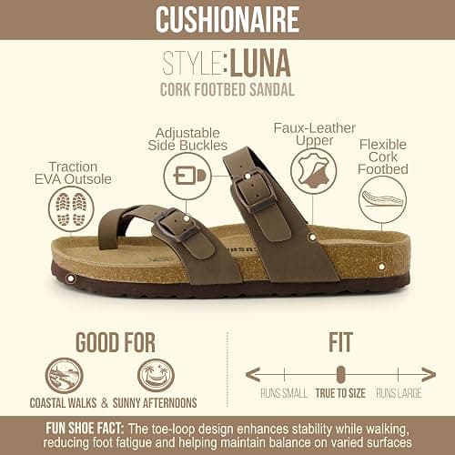 CUSHIONAIRE Luna Sandals for Women, Cork Footbed Womens Sandals for Summer Comfort with Adjustable Straps, Wide Width Available thumbnail 4