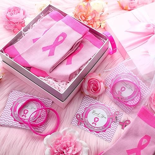 Shyyween Breast Cancer Awareness Sock Gifts Include Pink Ribbon Socks Silicone Bracelets Pink Lapel Pins Thank You Card Organza Bags for Breast Cancer Charity Event Survivor Campaign Supplies thumbnail 6