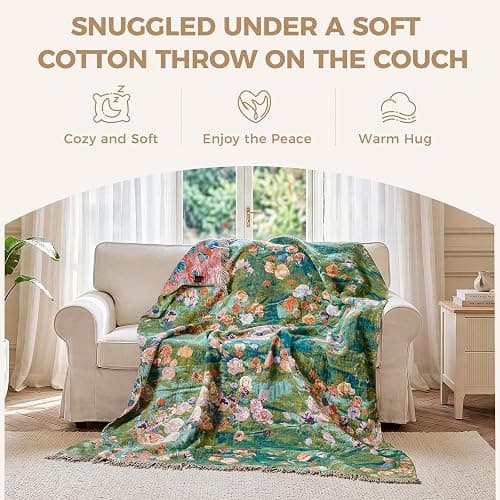 LUTBM Boho Throw Blanket for Bed Cotton Summer Blankets Twin Size for Bedroom Living Room All Season Lightweight Floral Embroidery Reversible Quilt for Couch Sofa Chair 60"x80" Home Decor thumbnail 5