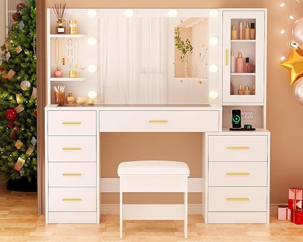 ANWBROAD 49.2" Large Vanity Desk with Mirror and Lights White Makeup Vanity Desk with Glass Top and Power Outlet 8 Drawers Nightstand 5 Hooks Vanity Table with Stool for Bedroom Women Girls UBDT88W thumbnail 9