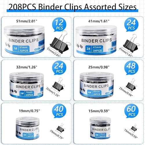 208 PCS Binder Clips Assorted Sizes, Metal Large Binder Clips Bulk, Black Binding Paperwork Clamp for Paper, 6 Size Clips Office Supplies for Business and School thumbnail 3