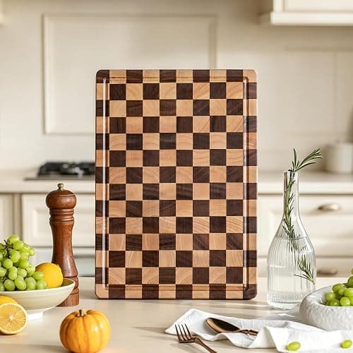 THETCHRY Cutting Boards for Kitchen, Checkered Cutting Board Upgraded, Acacia Wood Chopping Board with Juice Grooves & Handles, Large Butcher Block Serving Tray with Gift Box, 17"X12"X0.8" thumbnail 8