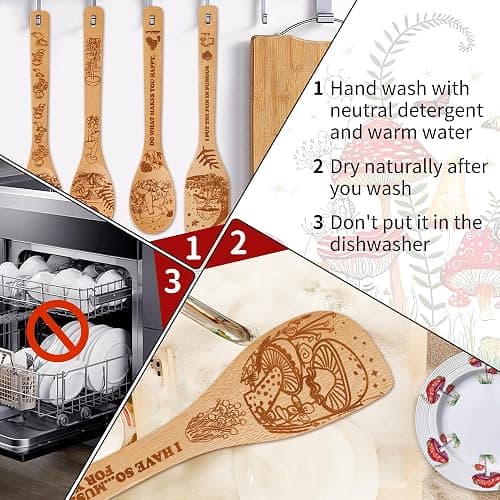 Mushroom Kitchen Decor Bamboo Wooden Spoons With Utensil Holder-Mushroom Kitchen Accessories for Cooking-Home Decorations Gifts for Women-Housewarming,Birthday,Easter,Mothers Day Gift（6PCS） thumbnail 7