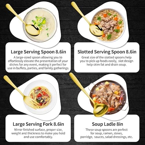 Gisly Gold 12 Pieces Serving Utensils Include Large Serving Spoons,Slotted Serving Spoons,Serving Forks,Serving Tongs,Appetizers Tongs,Soup Ladle and Pie Cake Server for Buffet Catering thumbnail 7