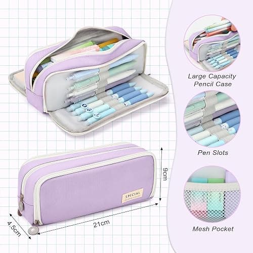 VICHOS Aesthetic Pencil Case with Stationery Included (63pcs Total), Pastel Highlighters| Mechanical Pencils| Gel Pens | Erasable Pens| More, 13-in-1 Back to School Stationery Supplies Set(Purple) thumbnail 2