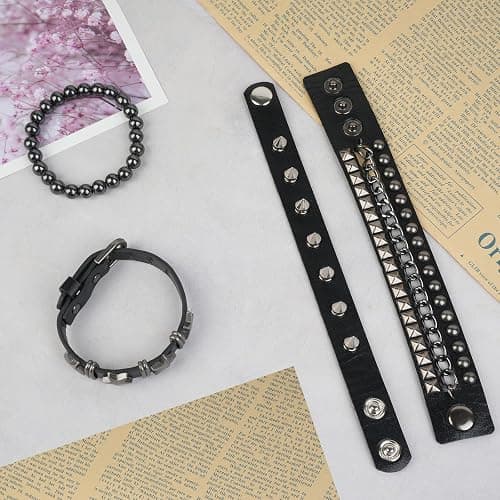 Molirex 4 Pcs Punk Rock Studded Bracelet Set Leather Cuff Bracelets for Men Women 80s Emo Goth Accessories thumbnail 6