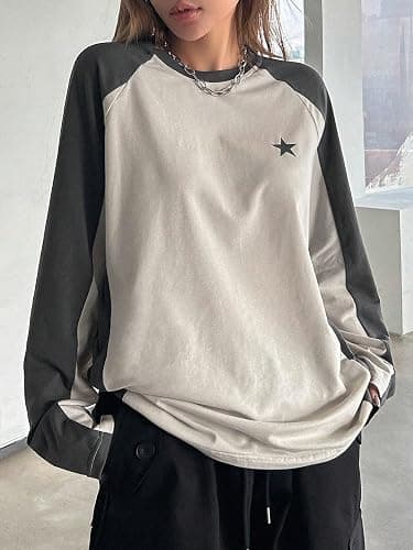 SHENHE Women's Color Block Crew Neck Star Graphic Raglan Shirt Loose Long Sleeve Tee Top thumbnail 3