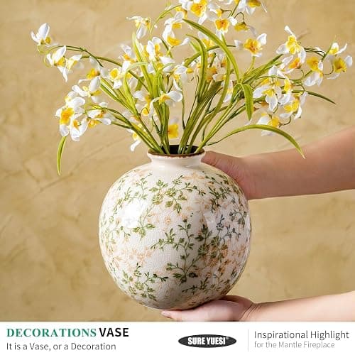 SURE YUESI Set of 2 Vases, Green and Beige Pastoral Vintage Vase Set for Flowers, Rustic Farmhouse Decorative Vases for Home Decor, Chinoiserie Floral Vase, Living Room Table Centerpiece thumbnail 3