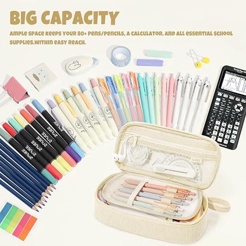 SUNEE Cute Pencil Case, Large Capacity Pencil Pouch Aesthetic Zipper Pencil Bag, Big Storage Pen Organizer for Stationery, Soft Corduroy Pencil Box Back to School Supplies for Teen Girls Boys, Beige thumbnail 3