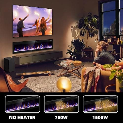 Zionheat 72 inch Wide Screen Electric Fireplace-Wall Fireplace for Living Room-Fireplace Inserts/Wall Mounted with Remote Control, Timer, Dimmer, 12 Flame Colors, 750/1500W thumbnail 5