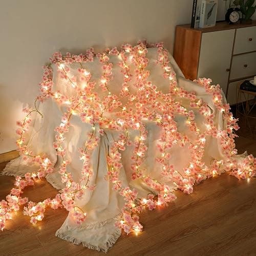 Cherry Blossom String Lights Artificial Flowers Outdoor Hanging Silk Flowers Garland for Wedding Party Home Bedroom Decor Pink Room Decor Aesthetic thumbnail 4
