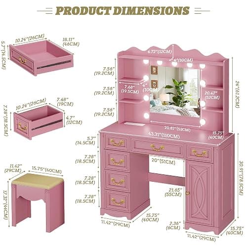 Vlsrka Vanity Desk with Large Mirror and Lights, 43.3" Makeup Vanity Desk with Charging Station and 6 Drawers, Makeup Dressing Table with Storage Stool for Bedroom (Pink) thumbnail 2