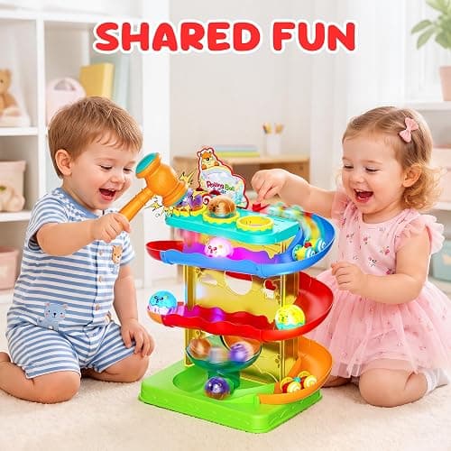 2-in-1 Ball Drop & Car Ramp Race Track Montessori Toy for Toddlers Ages 1-5 | Hammer Rolling Ball, Launch and Race Car-Cause and Effect Sensory STEM Learning Toys for 1-5 Year Old Boys & Girls thumbnail 8