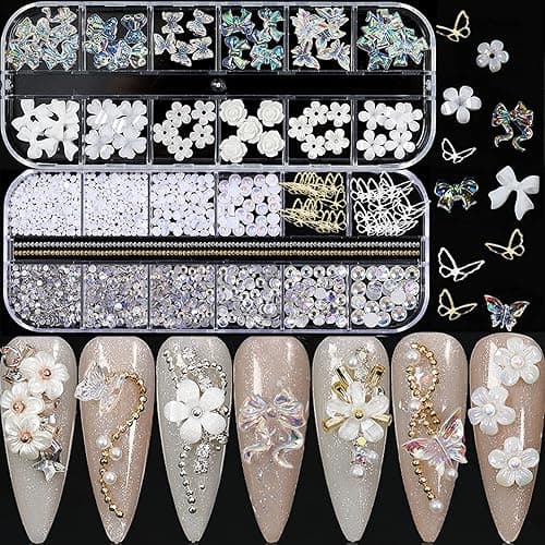 Acrylic Butterfly Flower Bear Nail Art Pendant Art, Multi-shape Pearl Rhinestone Golden Metal Applique Jewelry Accessories Production (S1-Bow Rhinestones) - S1-Bow Flower Rhinestones