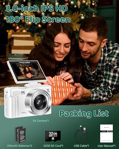5K Digital Camera - WiFi 75MP Cameras for Photography - UHD Vlogging Camera for YouTube with 3" 180° Flip Screen - Autofocus Compact Video Travel Camara with 18X Zoom, 32GB SD Card, 2 Batteries thumbnail 7