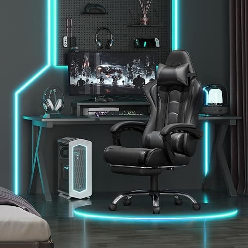 Yaheetech Gaming Chair, Video Game Chair with Massage Lumbar Support and Footrest Height Adjustable Ergonomic Computer Chair with Swivel Seat and Headrest, Full Black thumbnail 2