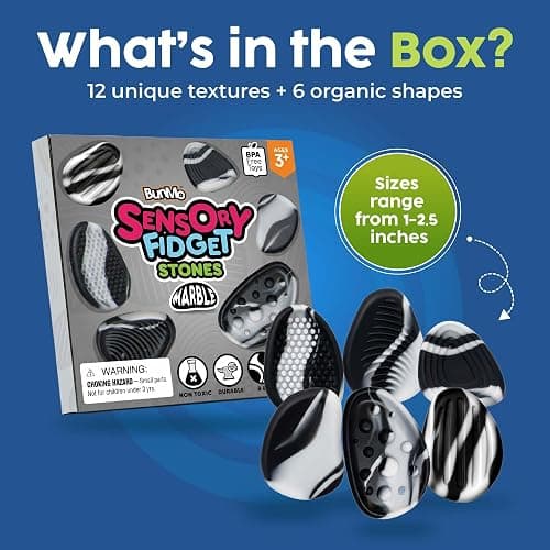 BUNMO Sensory Fidget Stones – 6pk Marble | Silicone Worry Stones for Kids Ages 3+ | Portable, Textured, Quiet Sensory Stones for Hands-On Play thumbnail 8