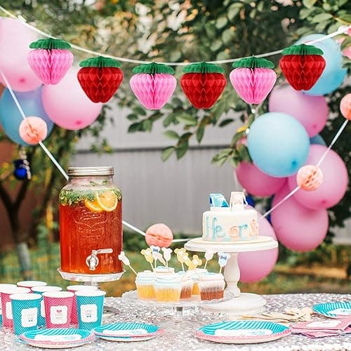 Skylety 10 Pieces 6 Inch Paper Strawberry Honeycomb Ball Tissue Paper Strawberry Ball for Birthday Party Decoration(Red and Pink) - Red and Pink thumbnail 5