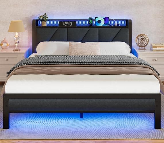 Furnulem Queen Bed Frame with Headboard and Storage Shelf, LED Light and Charging Station, Metal Platform Bed with Heavy Duty Slats, No Box Spring Needed, Noise Free & Easy Assembly - Image 1