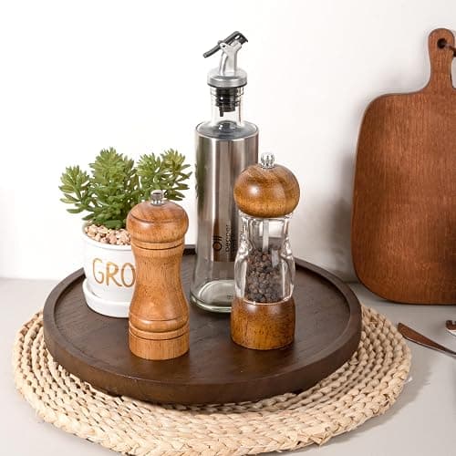 Round Decorative Tray Wood Bathroom Counter Organizer Farmhouse Kitchen Decor Wooden Riser for Soap Dish, Perfume, Candle, Sponge, 11" - Walnut thumbnail 2
