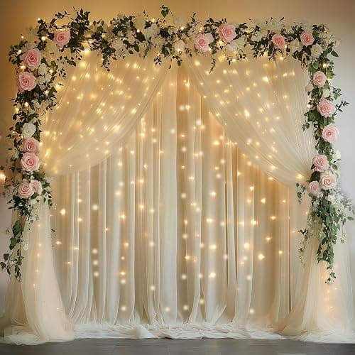 Fomcet Champagne Backdrop Curtains with Lights String 10X10FT Polyester Fabric & Tulle Curtains Backdrop Drapes for Back Drop Photoshoot Baby Shower Birthday Party Decor 2 Panels 5x10FT thumbnail 5