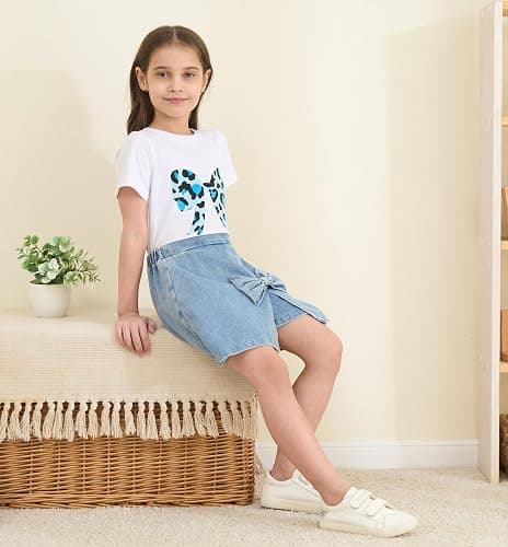 Azmxynol kid Young Girl Clothes Outfits Cute Sweet Bowknot Print T-Shirt + Bowknot 2 In 1 Denim Short Summer Clothing Set thumbnail 5