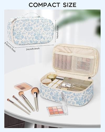 Relavel Travel Makeup Bag, Small Floral Cosmetic Bag with Makeup Brush Compartment, Portable Makeup Pouch for Women, Double Layer Makeup Organizer Bag Cute Toiletry Bag thumbnail 5