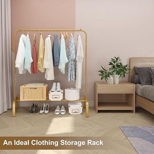 JIUYOTREE Metal 43.3 Inches Garment Rack with Bottom Shelf Clothing Rack for Hanging Clothes Coats Skirts Shirts Sweaters Gold thumbnail 3