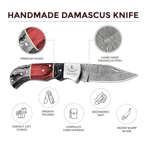 Motiwear Personalized Damascus Folding Pocket Knife, Leather Sheath, | Authentic Damascus steel | Custom laser engraving | Handcrafted leather sheath with belt loop & rod | For EDC & hunting thumbnail 6