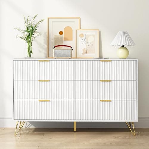 BAZELOR White 6 Drawer Dresser with Golden Handle, Fluted Wood Dressers, Modern Chest for Bedroom, Living Room, Hallway, Entryway thumbnail 3