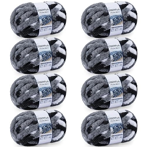 Cozyful Chunky Yarn for Hand Knitting - #10 Chunky Chenille Blanket Yarn, Jumbo Big Thick Chunky Yarns for Crocheting, Tie Dye Bulky Knit Yarns, 8 Skein (25 yds 8 oz Each Skein), Black & Grey & White - Image 1