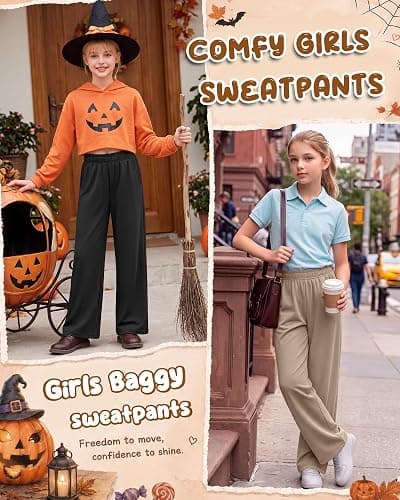 LessonZoo 3 Pack Girls Wide Leg Baggy Lightweight Sweatpants | Straight Leg Pull on Joggers, Open Bottom Pants with Pocket, Elastic Waist Stretchy Pant for School and Daily Wear, Ages 5-14 thumbnail 2