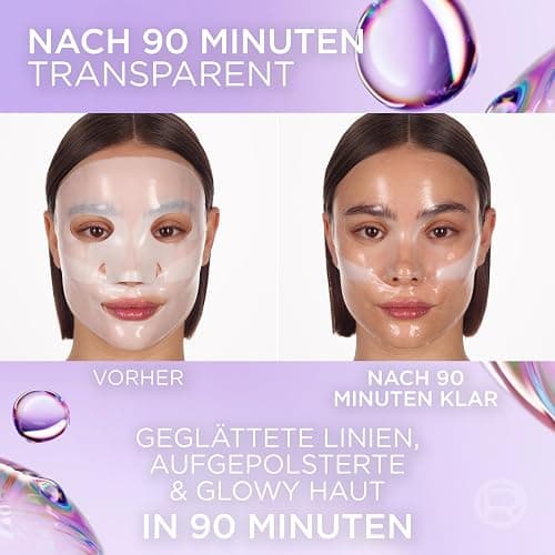 L'Oréal Paris Glass Skin Hydrogel 4er Maskenbox, für aufgepolsterte & glowy Haut, feuchtigkeitsspendend & glättend, [mit Hyaluronsäure], Revitalift Filler, Vorteilsset, 100g thumbnail 5
