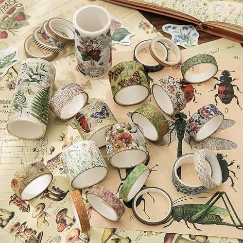 24 Rolls Vintage Washi Tape Set, Floral Letter Butterfly Mushroom Botanical Flower Writable Decorative Tapes for Scrapbooking , Junk Journal supplies, Bullet Journaling 5-75mm Wide 9.84ft long/Roll thumbnail 9