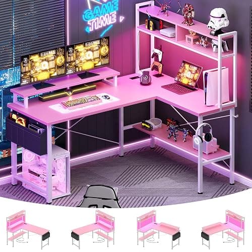 Aheaplus L Shaped Gaming Desk with Power Outlets & LED Lights, Small L- Shaped Desk Computer Corner Desk with Monitor Stand & Storage Shelf, Home Office Desk Writing Desk with Storage Bag, Pink - Image 1