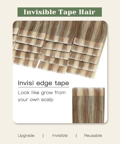 SURNEL Injected Tape in Hair Extensions Golden Brown to Caramel Blonde Seamless Tape in Real Human Hair Invisible Extensions 16Inch 20pcs/pack 35g(#102727,16) thumbnail 2