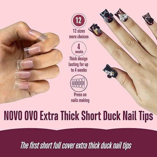 NOVO OVO Upgraded Extra Thick Short Duck Feet Nail Tips Full Cover for Press on Acrylic, Clear Pre-Etched Matter Flare Wide French Soft Gel Fake False Nail Extension Full Coverage x 12 Sizes 360 pcs thumbnail 3