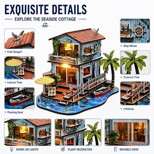 3D Wooden Puzzles for Adults, Seaside Cabin DIY Miniature House Kit with LED Light, Creative Booknook Kit, Ocean Theme Dollhouse Model Building Kit(244 pcs) thumbnail 4