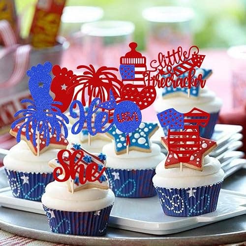 Rsstarxi 36 Pack 4th of July Gender Reveal Cupcake Toppers with Little Firecracker Independence Day Cupcake Picks for Happy Independence Day Gender Reveal Theme Party Cake Decorations thumbnail 2